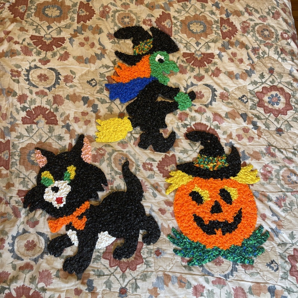 Vtg Melted Plastic Popcorn Black Cat Jack O Lantern Witch Decoration Halloween